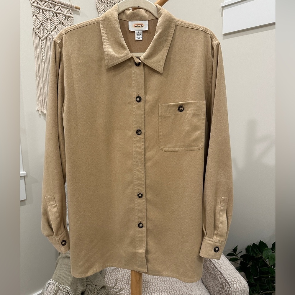 Talbots Suede-Like Button Front Shirt Small Tan Camel / Women’s M L